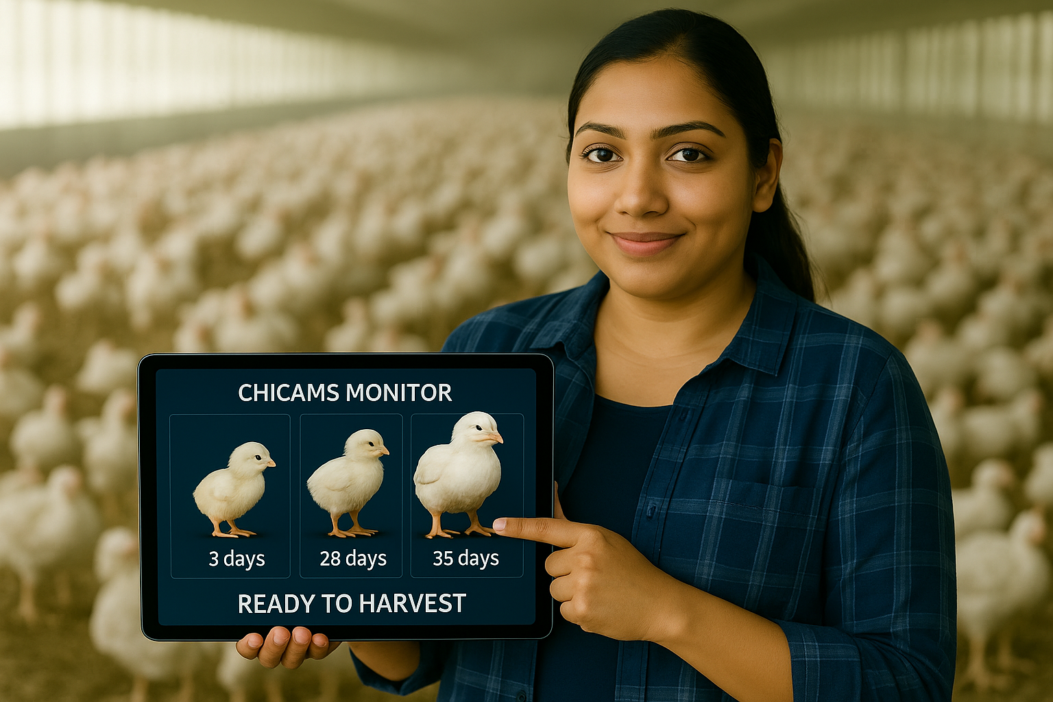 Young Indian poultry farmer holding a tablet with ChiCams Monitor interface showing chicken growth stages at 3, 28, and 35 days; “Ready to Harvest” message displayed. She stands inside a large, modern chicken farm with white broiler chickens in the background.